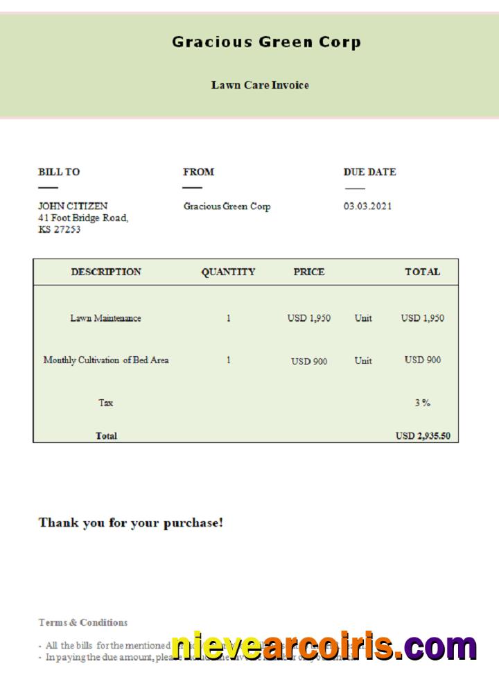 USA Gracious Green Corp Invoice Sample