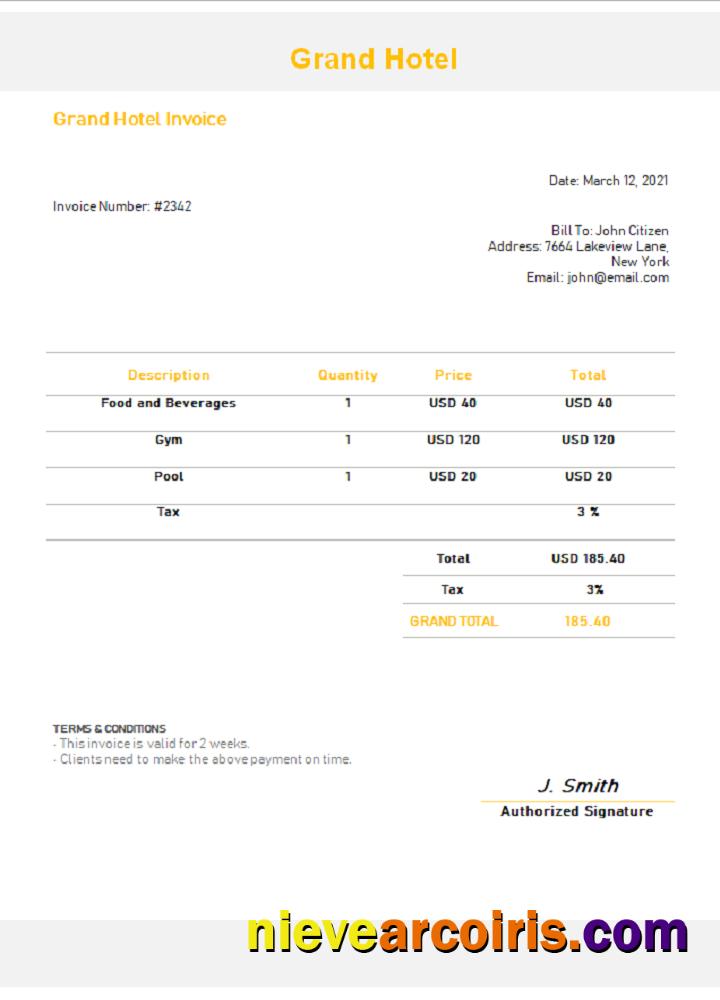 USA Grand Hotel Invoice Template