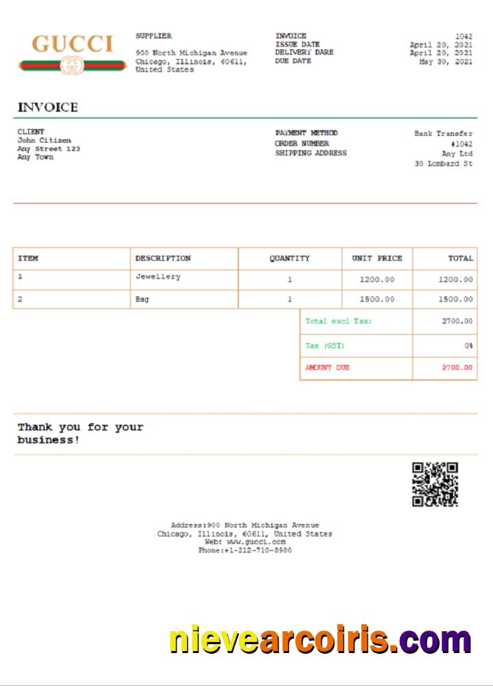 Realistic USA Gucci Invoice Template