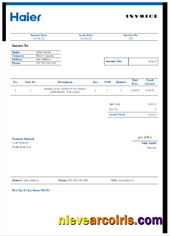 USA Haier Invoice Template
