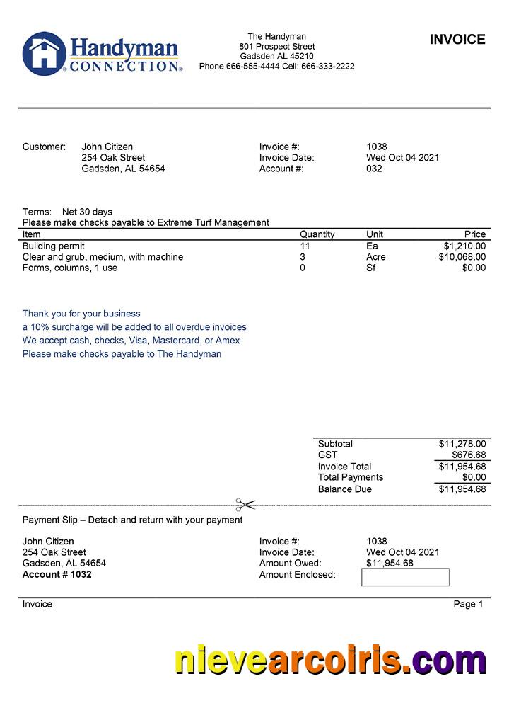 Professional USA Handyman Home Service Company Invoice Template