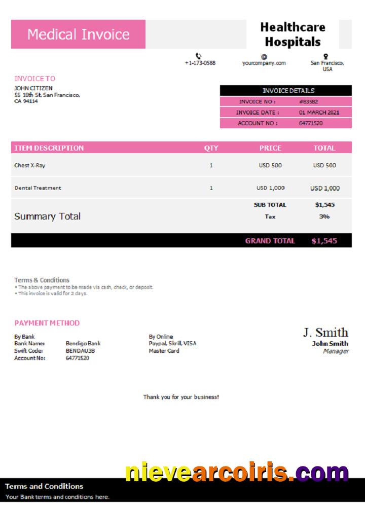 USA Healthcare Hospitals Invoice Sample