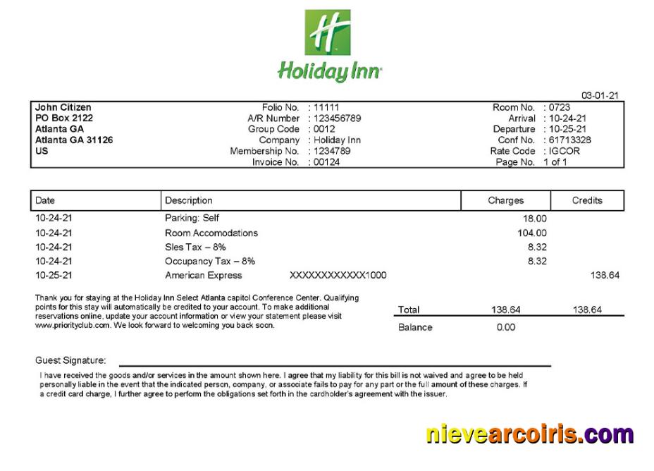 Realistic USA Holiday Inn InterContinental Hotels Group Invoice Template