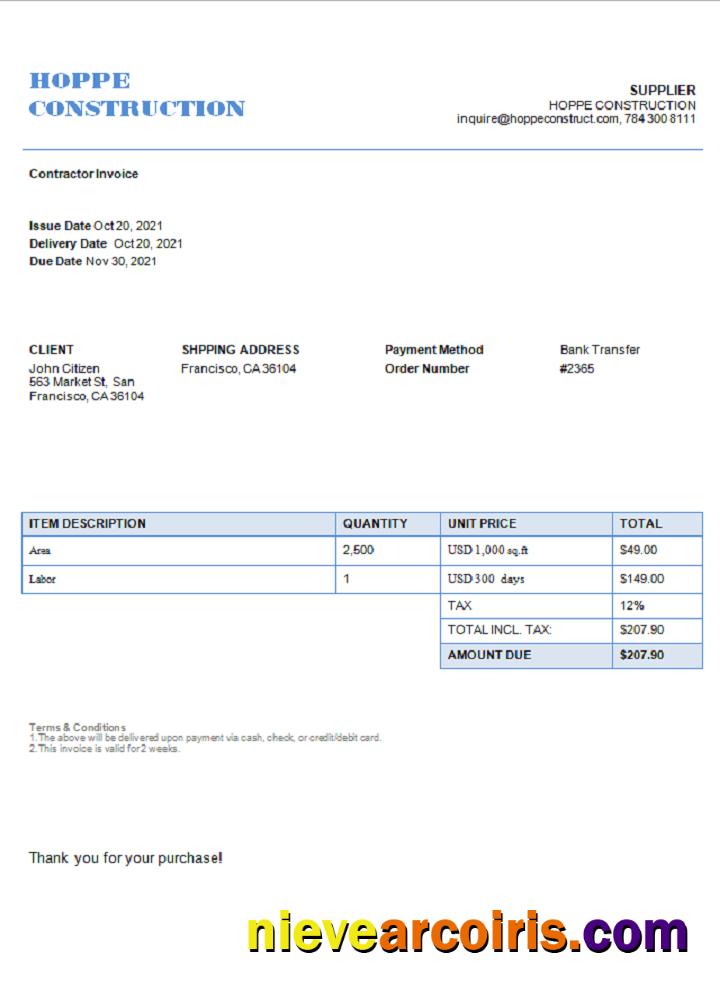 USA Hope Construction Invoice Template