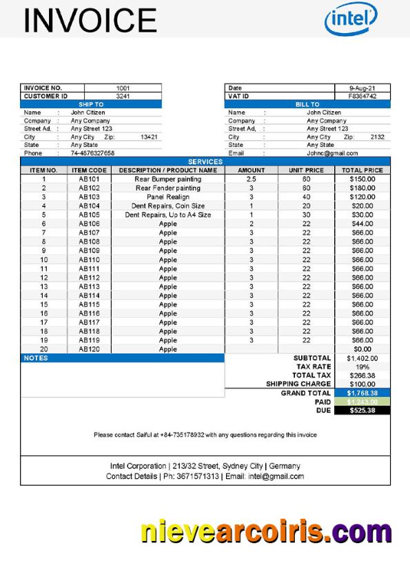 Editable USA Intel Invoice Template