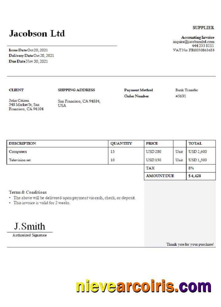USA Jacobson Ltd Invoice Sample