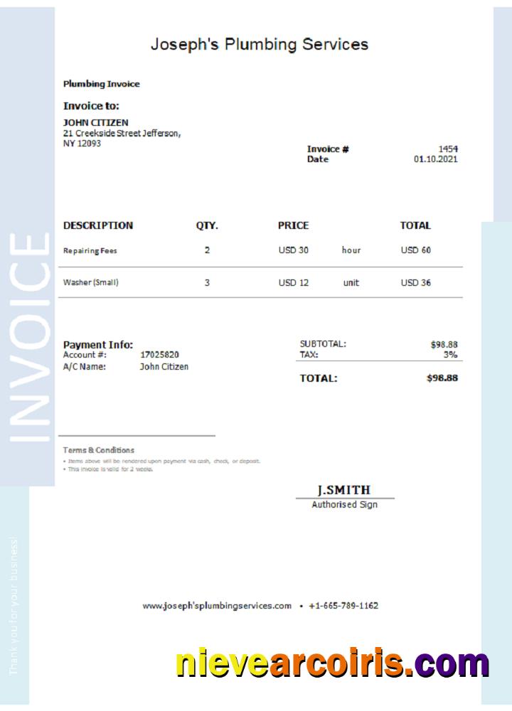 USA Joseph’s Plumbing Services Invoice Sample