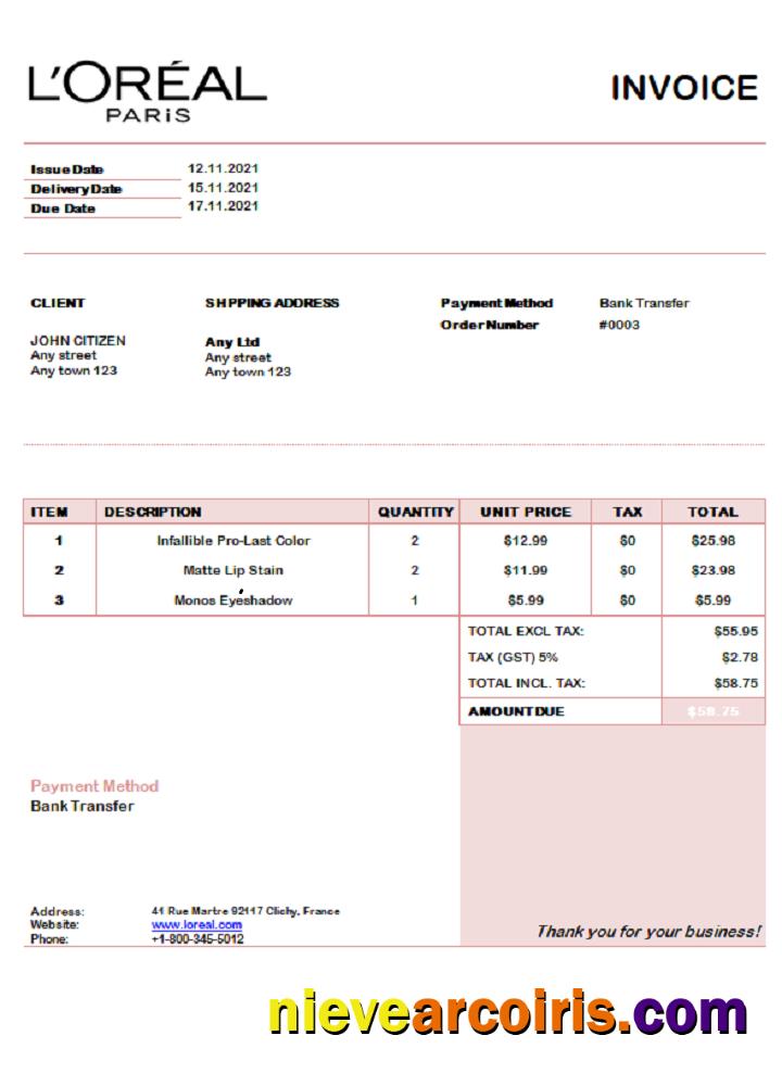 USA L’oreal Paris Invoice Photolook