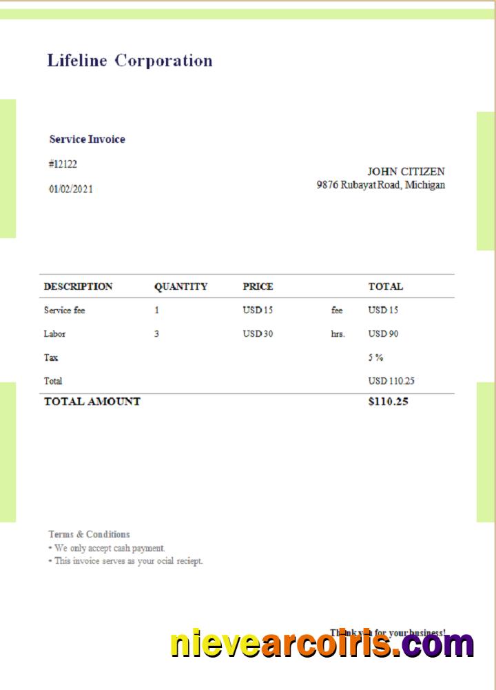 Realistic USA Lifeline Corporation Invoice Template In Word And PDF Format, Fully Editable, Version 1
