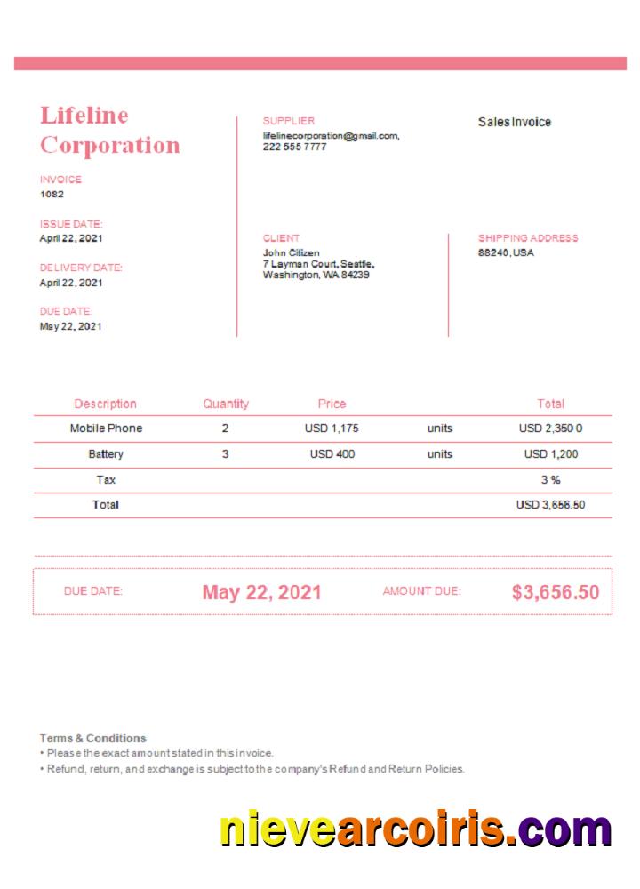Professional USA Lifeline Corporation Invoice Template In Word And PDF Format, Fully Editable, Version 2