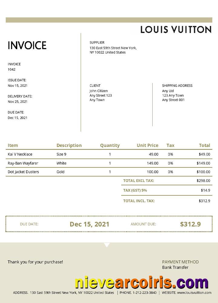 Professional USA Louis Vuitton Invoice Template