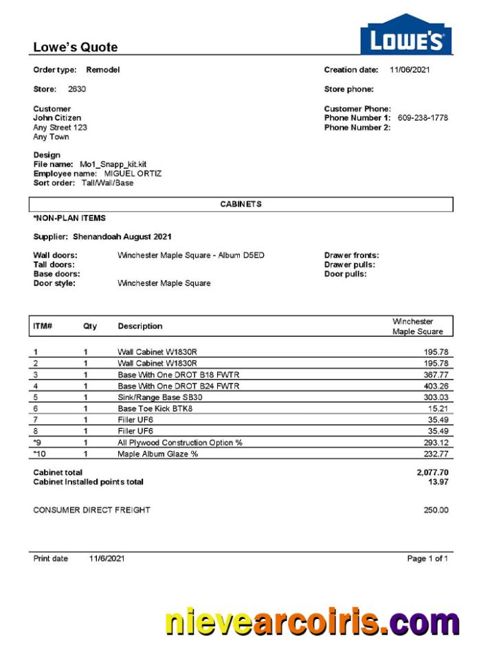 Realistic USA Lowe’s Invoice Template