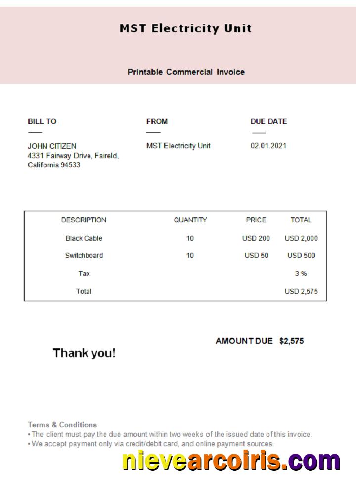 USA MST Electricity Unit Invoice Template