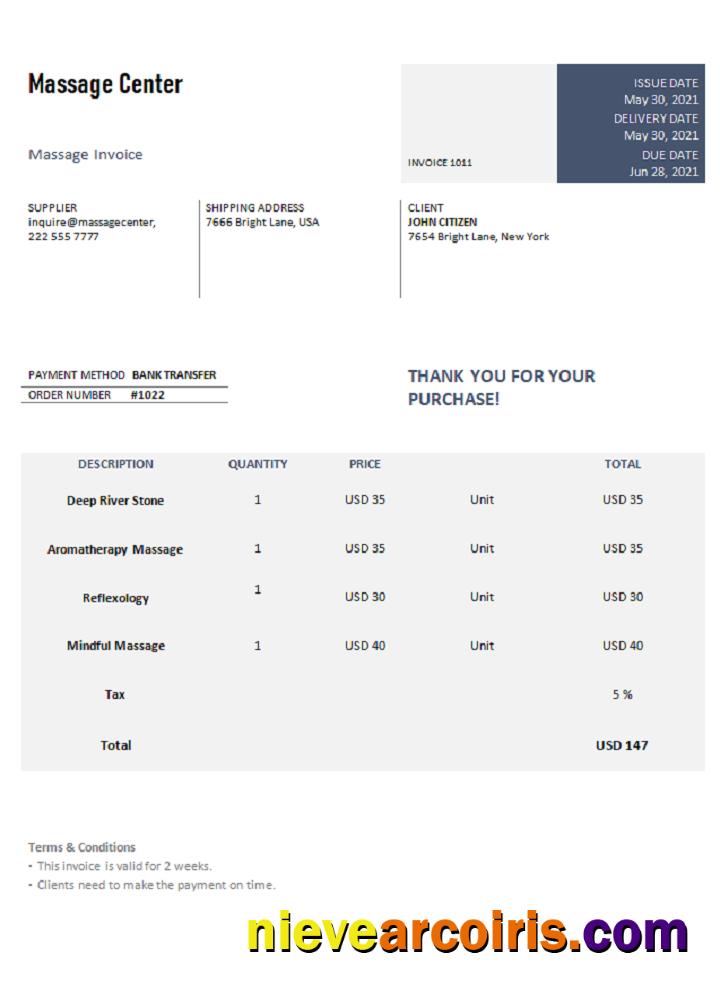 USA Massage Center Invoice Sample