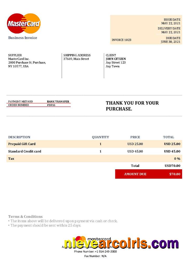 Realistic USA MasterCard Invoice Template