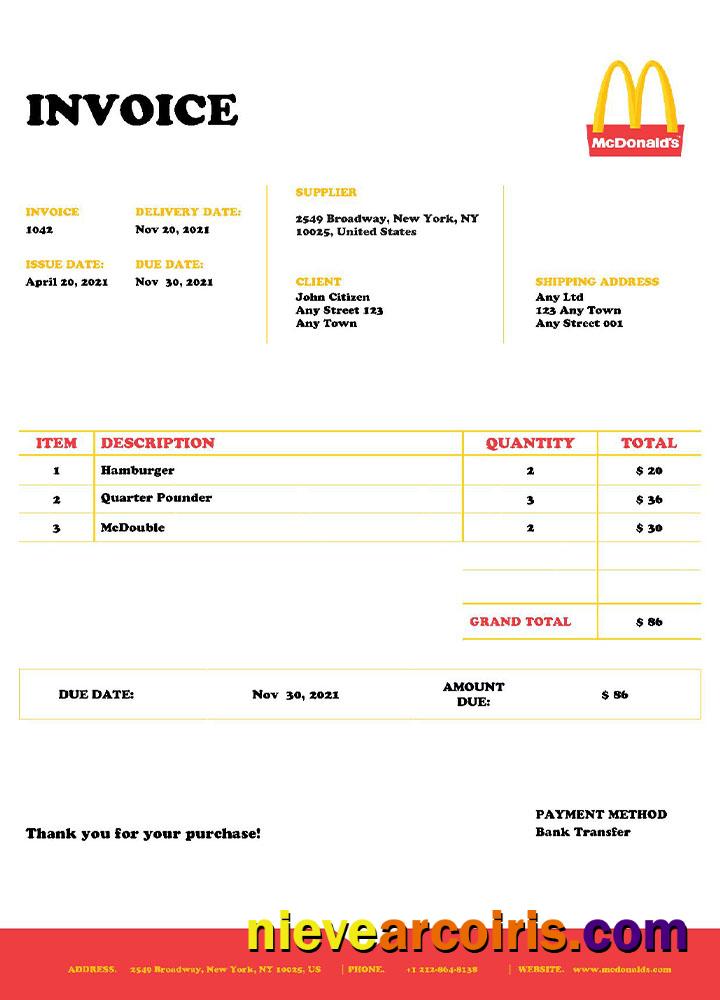 Realistic USA Mcdonald’s Invoice Template