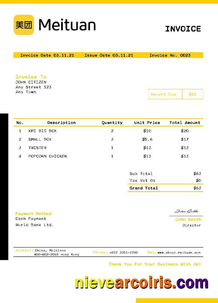 Editable USA Meituan Invoice Template