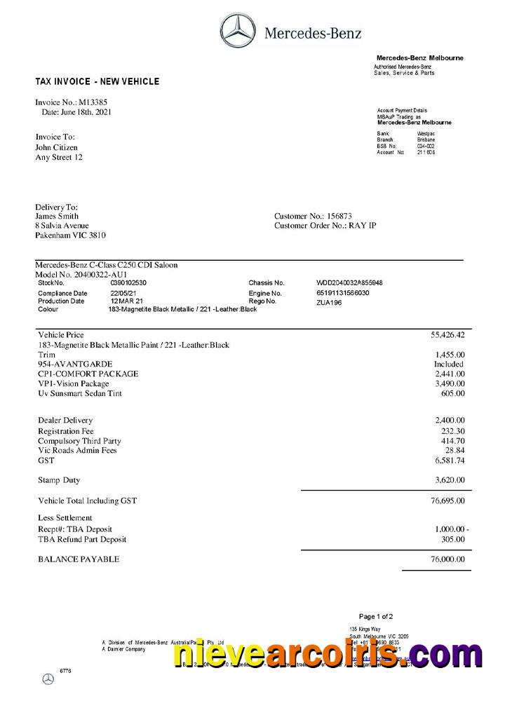 Premium USA Mercedes Benz Invoice Template