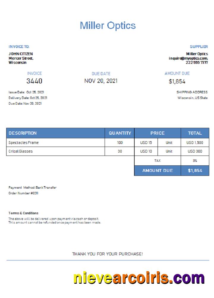 USA Miller Optics Invoice Sample