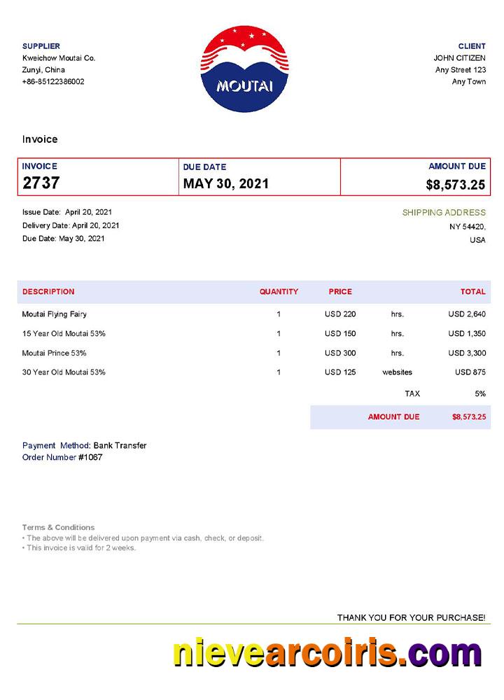 Premium USA Moutai Invoice Template