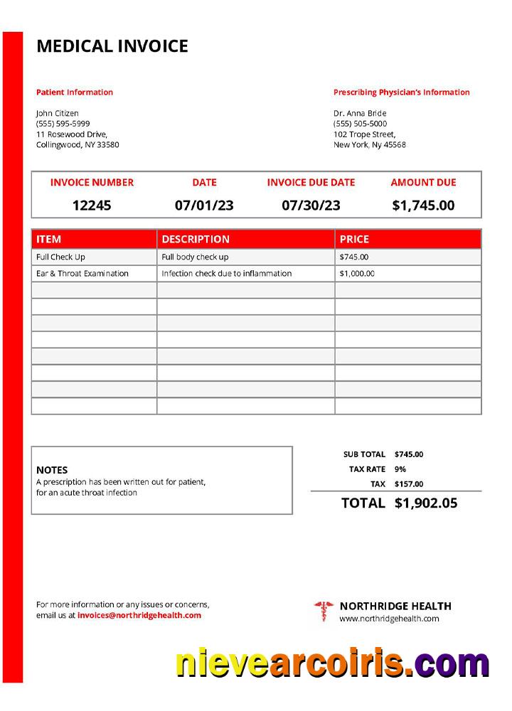 Editable USA New York Northridge Health Center Medical Invoice Template
