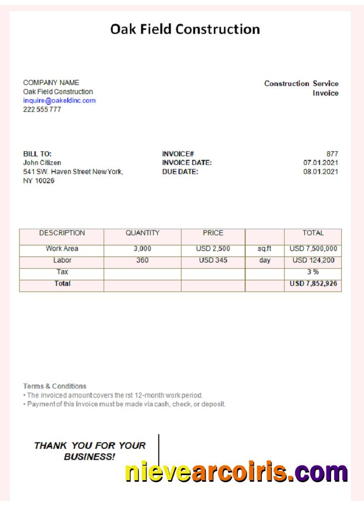 USA Oak Field Construction Invoice Template