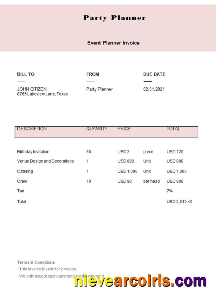 USA Party Planner Invoice Sample
