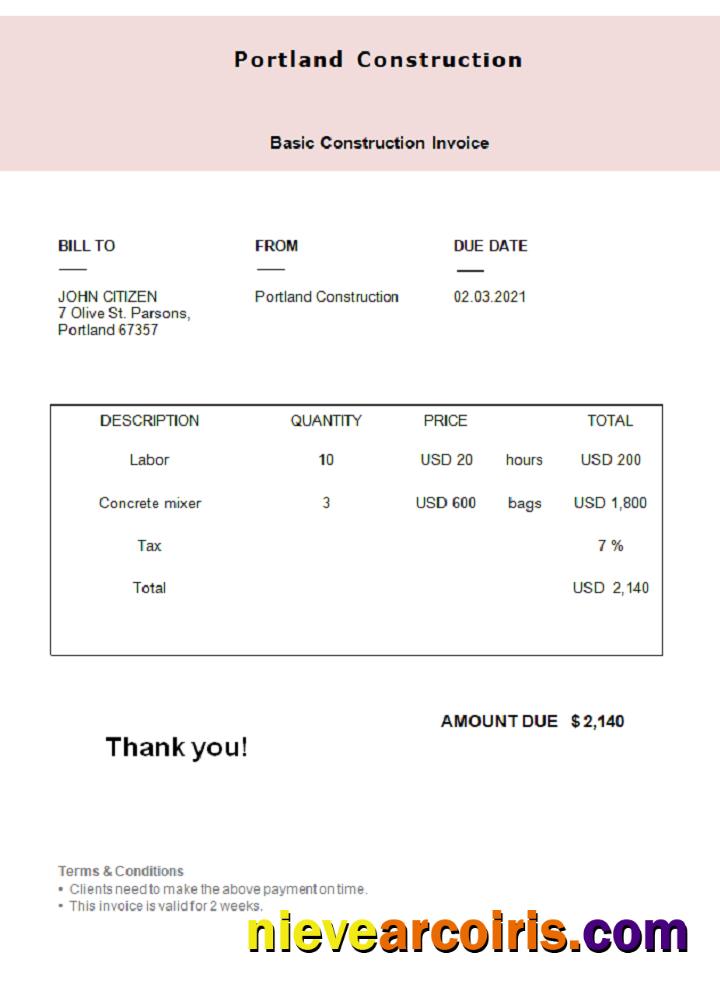 USA Portland Construction Invoice Preview