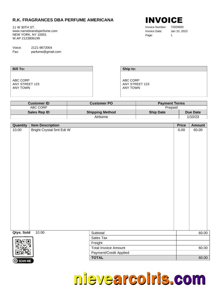 Premium USA R.K. Fragrances DBA Perfume Americana Invoice Word And PDF Template