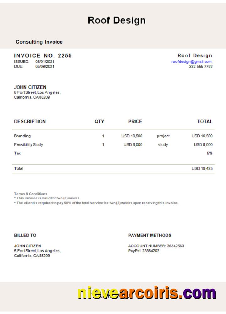 USA Roof Design Invoice Sample