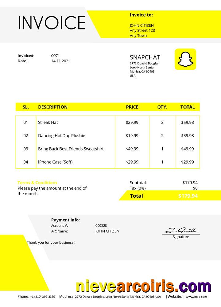 USA Snapchat Invoice Template