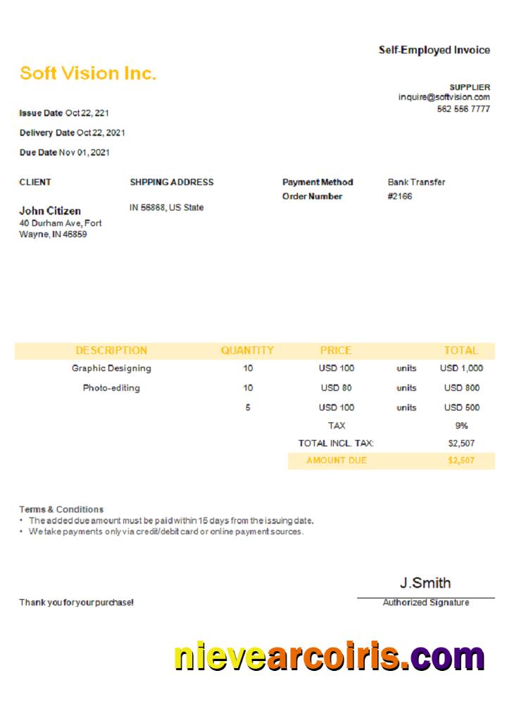 USA Soft Vision Inc. Invoice Sample