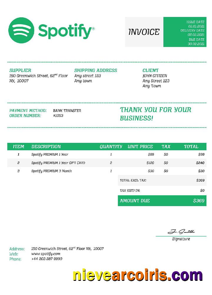 USA Spotify Invoice Sample