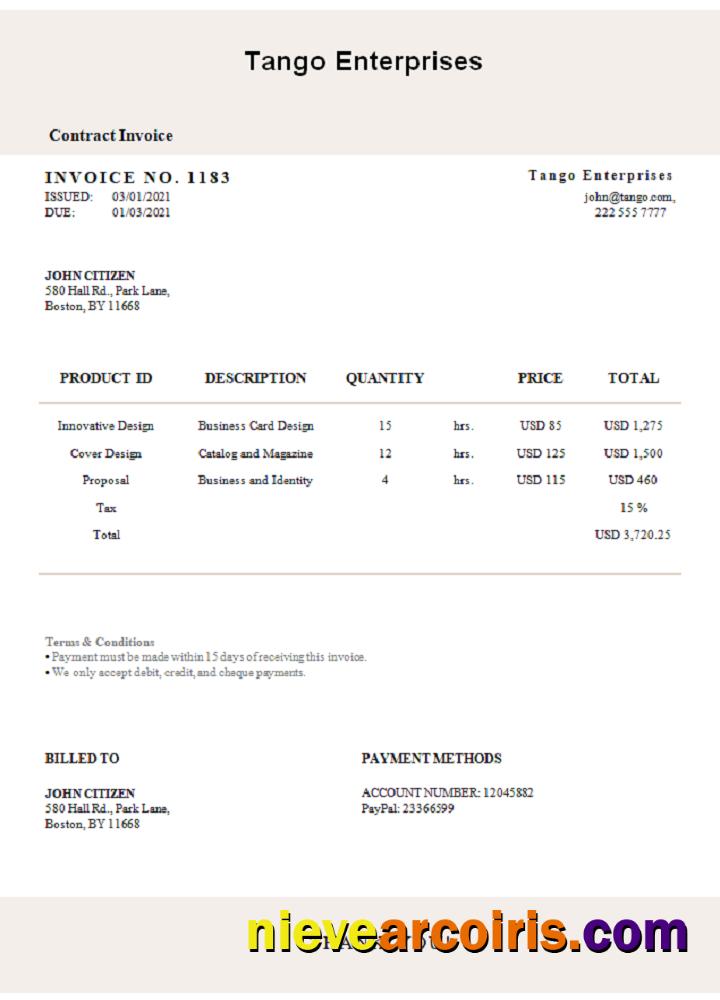 USA Tango Enterprises Invoice Sample