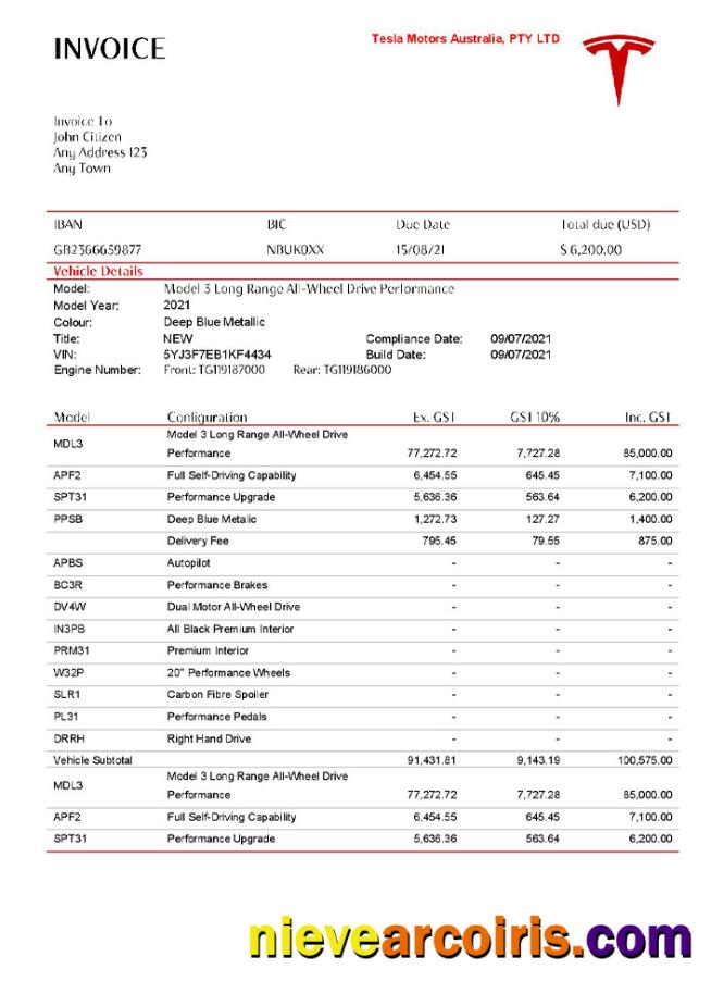 USA Tesla Invoice Preview