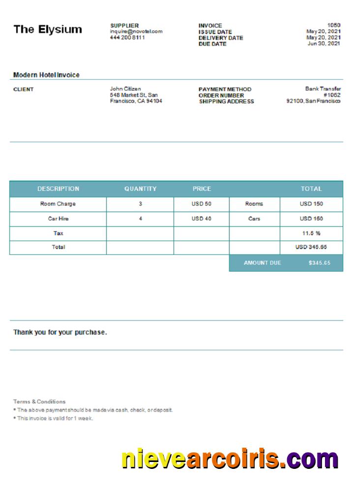 USA The Elysium Invoice Sample