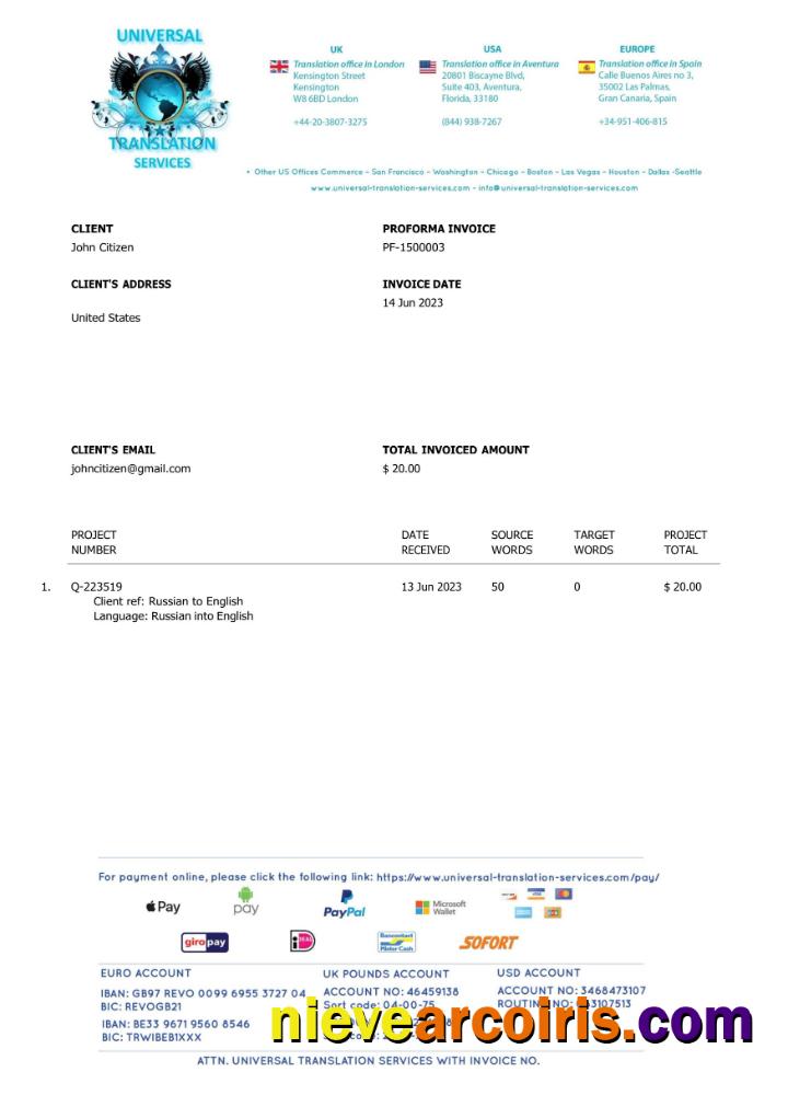 Premium USA Universal Translation Services Invoice Word And PDF Template