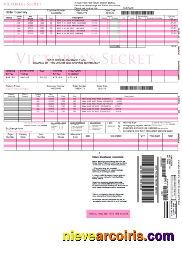 USA Victoria Secret Invoice Sample