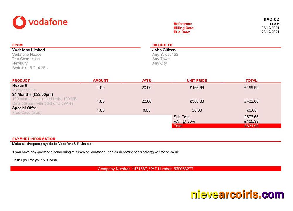 Realistic USA Vodafone Invoice Template