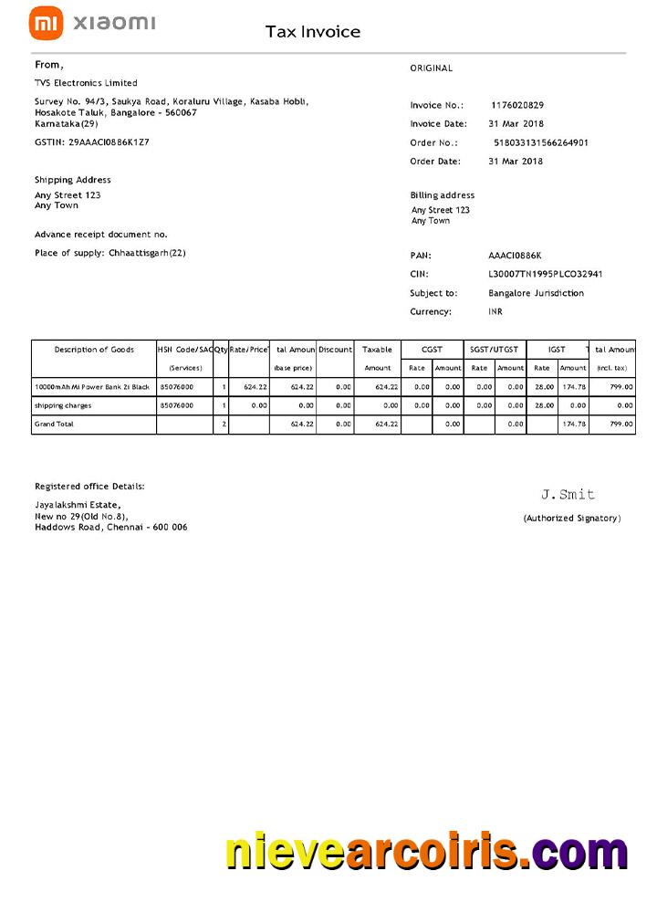Realistic USA Xiaomi Invoice Template