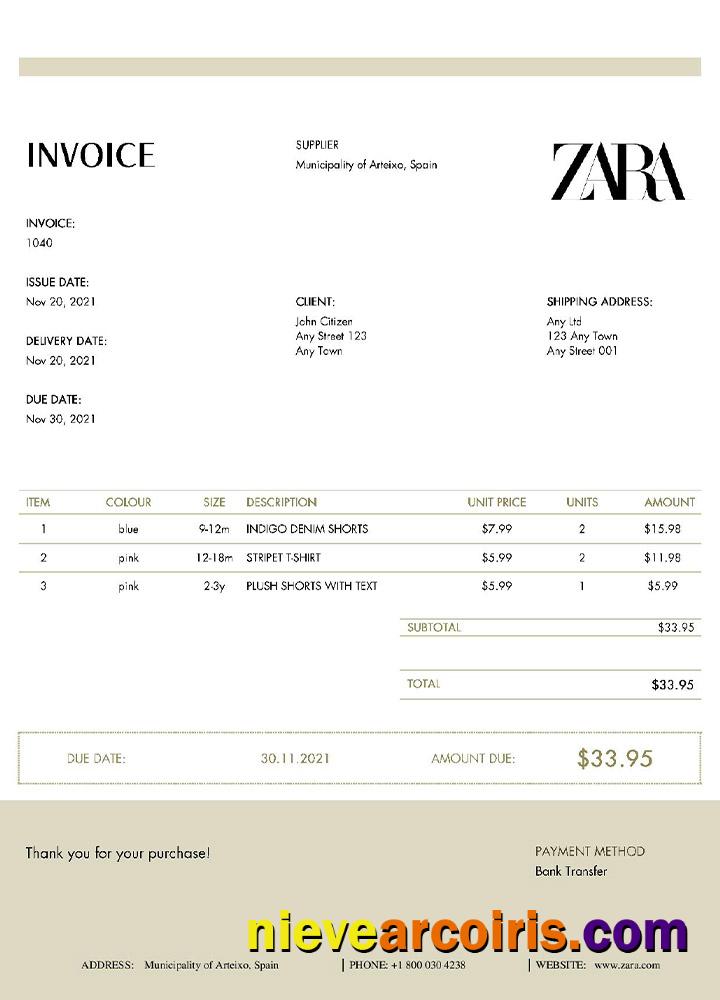 Realistic USA ZARA Invoice Template