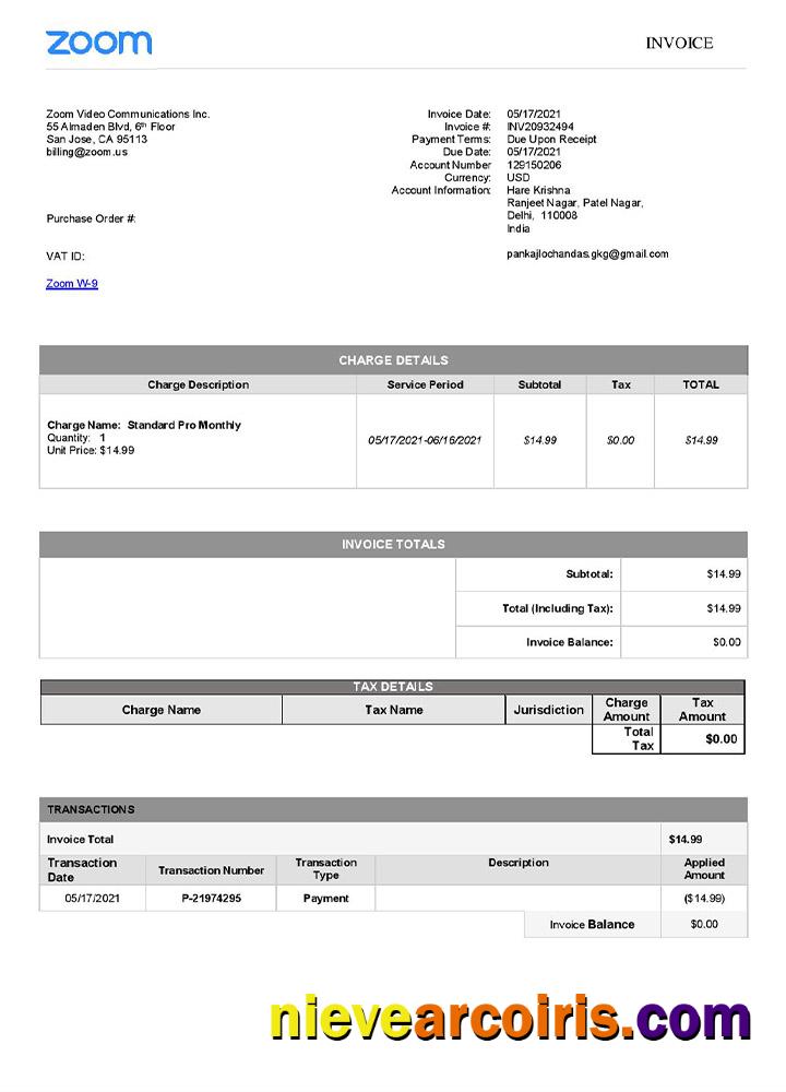 Realistic USA Zoom Invoice Template