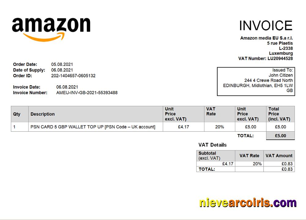 United Kingdom Amazon American Multinational Technology Company Invoice Sample