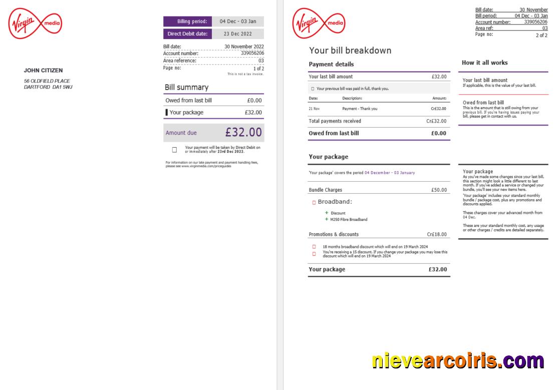 Premium United Kingdom Virgi Media Invoice Word And PDF Template, 2 Pages