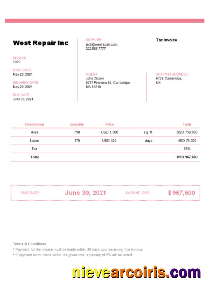 United Kingdom West Repair Inc Invoice Template