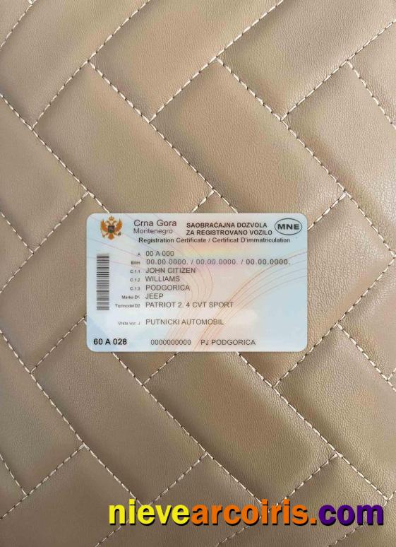 Montenegro Vehicle Registration Certificate Photolook FRONT Sample