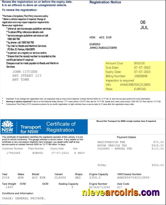 Australia Transport For NSW Registration Certificate Photolook