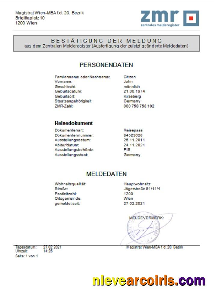 Editable Austria ZMR Zentrales Melderegister Central Register Of Residents Document Template In Word Format