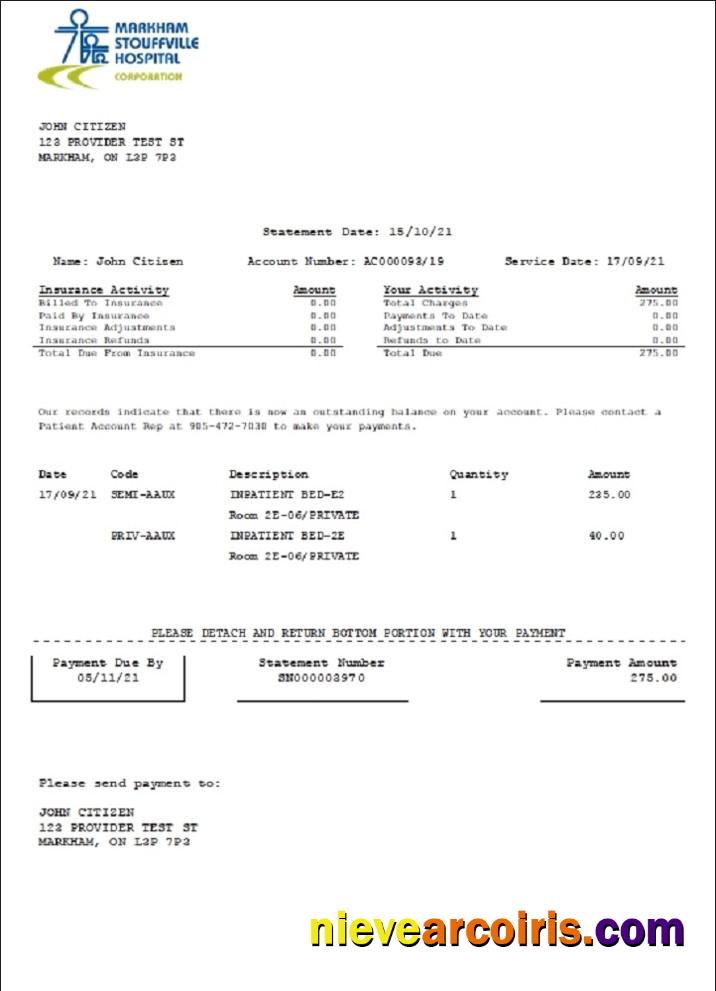 Realistic Canada Markham Stouffville Hospital Medical Insurance Statement Template In .doc And .pdf Format