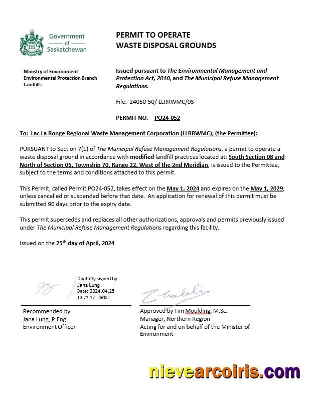 Canada Saskatchewan Permit To Operate Waste Disposal Grounds Template